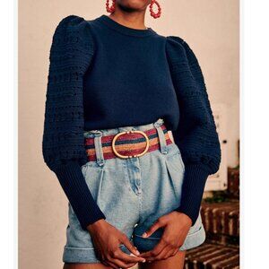 NEW Sezane Orion Jumper Sweater Small Navy Knit French Soft Casual Puff Sleeves
